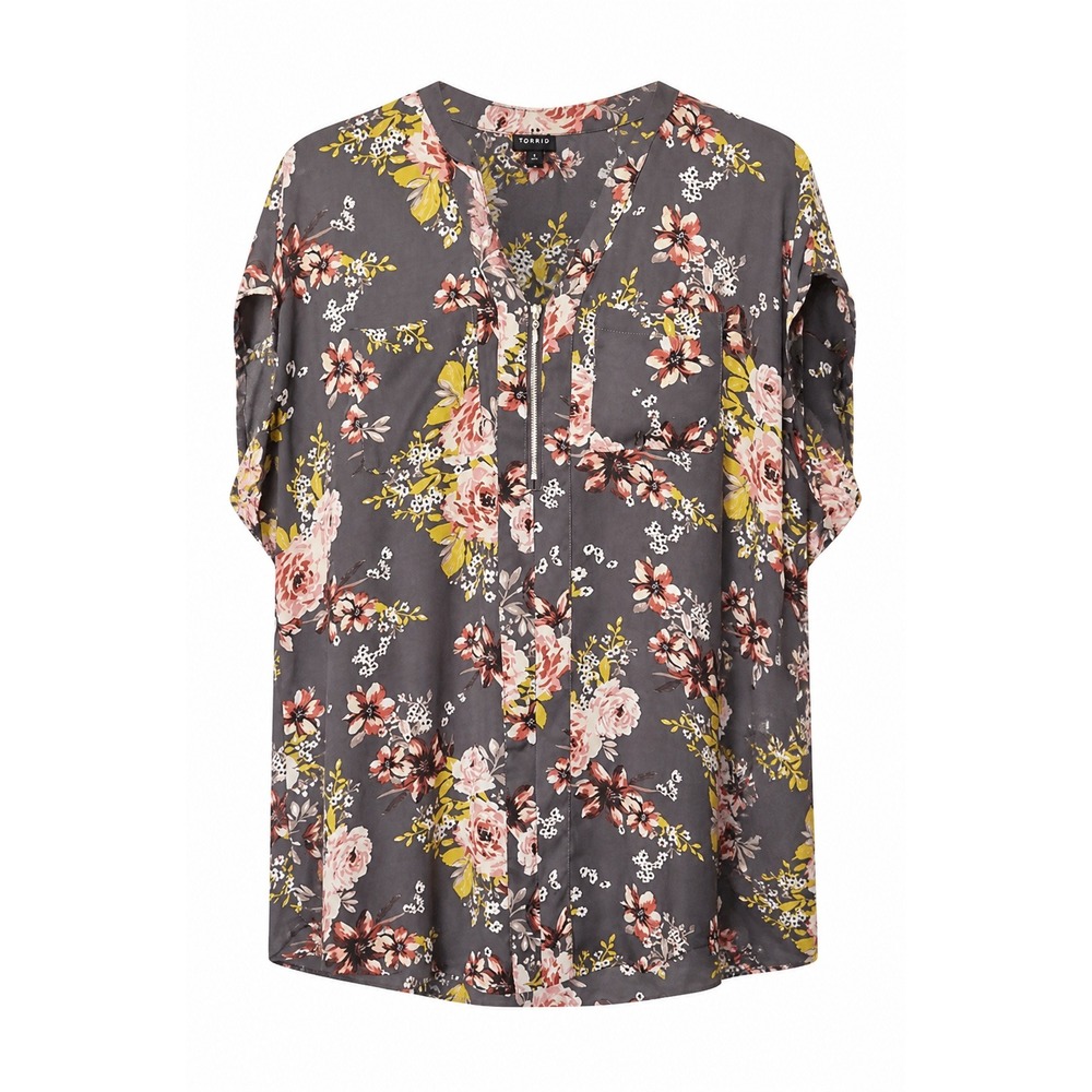 Torrid Womens Grey Floral Zip Front Dolman Sleeve Blouse Plus Size 0X Tunic